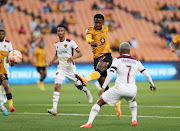 Samkelo Zwane takes a shot for Kaizer Chiefs in the DStv Premiership match against Stellenbosch FC at FNB Stadium on April 1 2023.