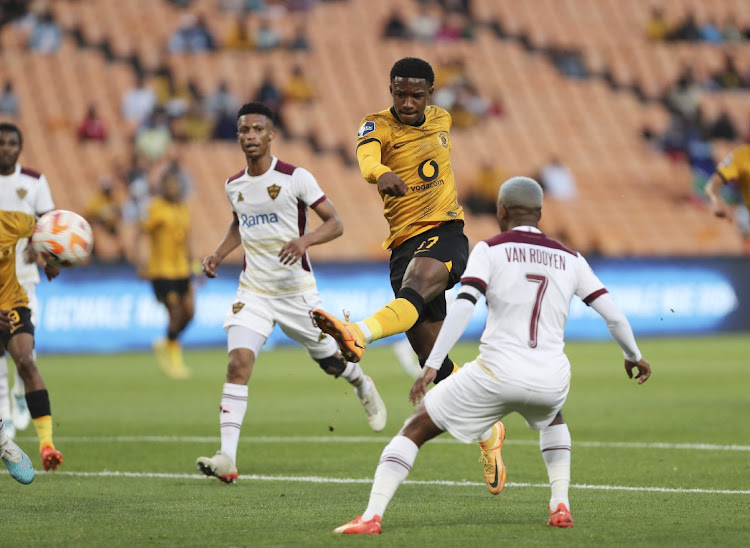 Samkelo Zwane takes a shot for Kaizer Chiefs in the DStv Premiership match against Stellenbosch FC at FNB Stadium on April 1 2023.