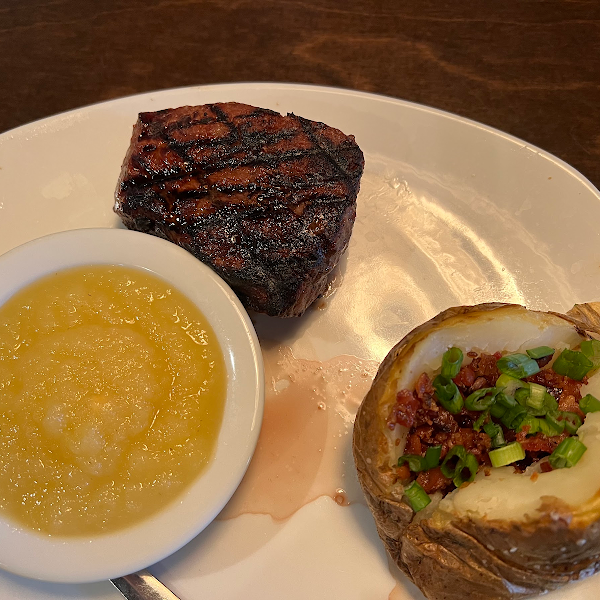 8oz Sirloin, applesauce and a baked potato with only bacon and chives (GF and DF)