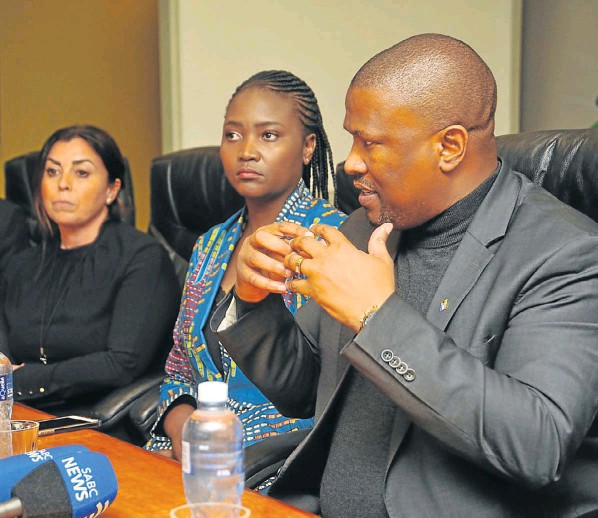 At the commissioning of the ship-bunkering service are, from left, the company’s non-executive director, Chrystel Bassett-Simmonds, South African Marine Fuels MD Siyamthanda Maya and Eastern Cape economic development MEC Oscar Mabuyane