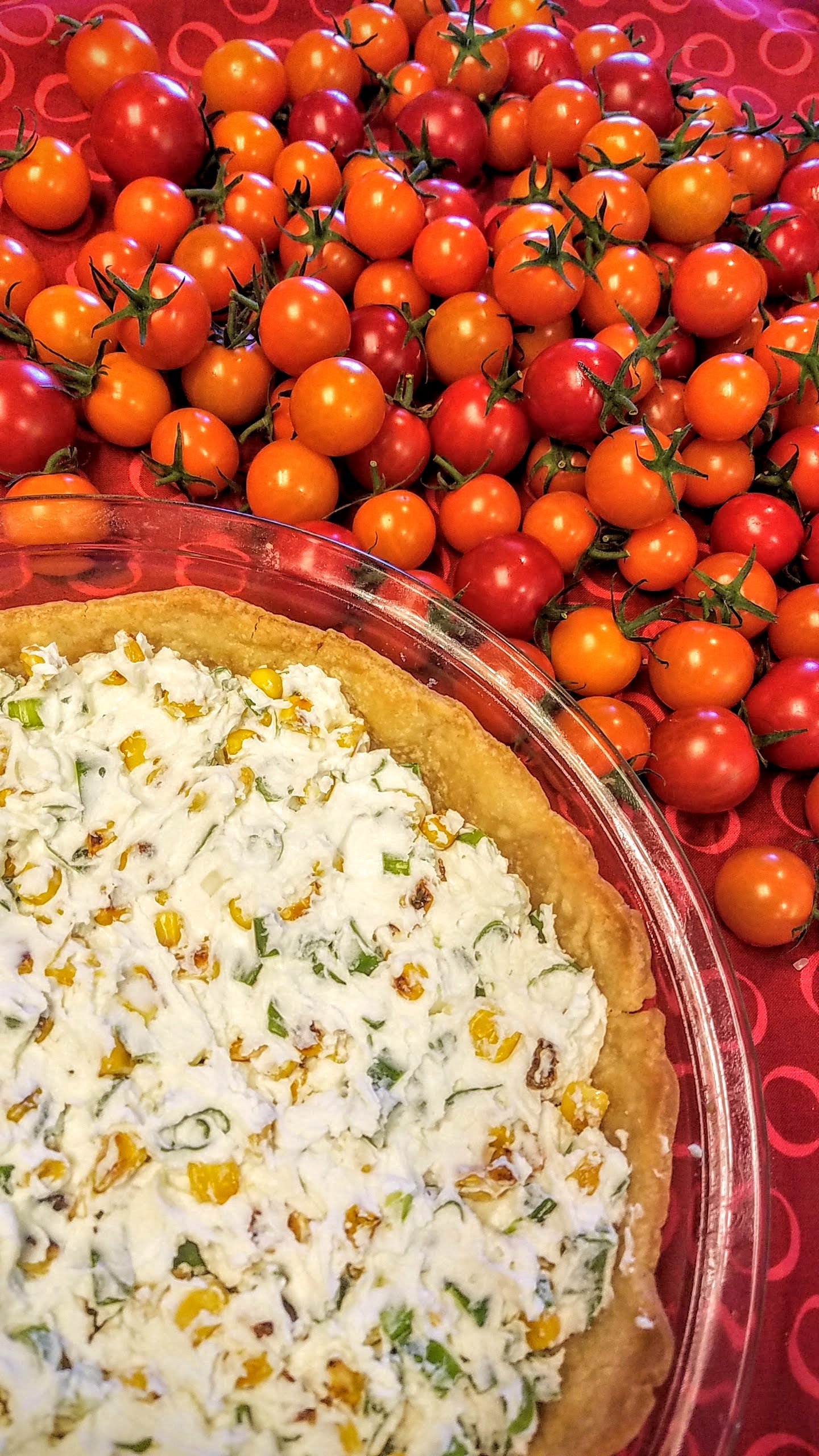 Tomato Pie Recipe with Fresh Cheeses and Uncooked Cherry Tomatoes