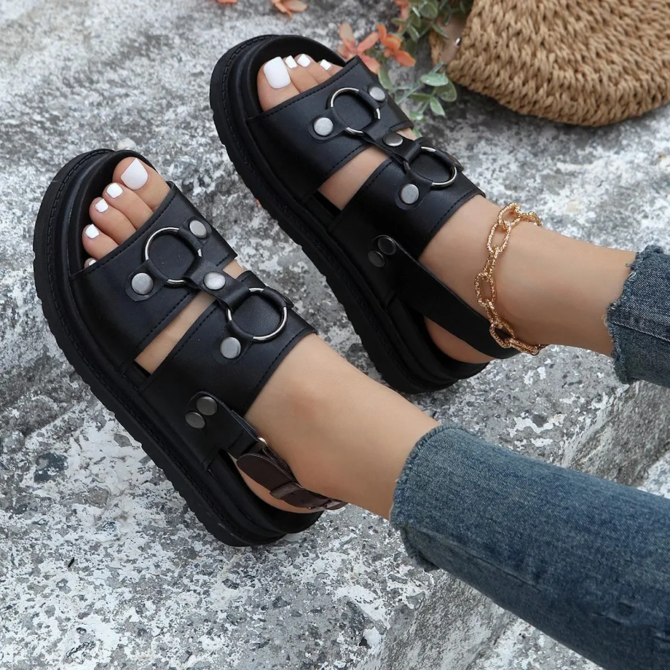 Sandalias Deportivas con Remaches para Mujer Verano Plataforma Gruesa Hebilla Zapatos Playa Cómodas y Modernas
