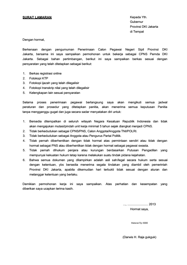 Contoh surat lamaran CPNS 2014  Dunia Article