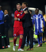 Jeremy Brockie and Eric Tinkler of Supersport United during the MTN 8, Semi Final 2nd Leg match between Maritzburg United and SuperSport United at Harry Gwala Stadium on September 09, 2017 in Pietermaritzburg.