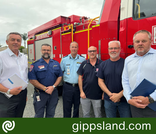 From left to right, Darren Chester, ambulance officer Dave Jones, SES operations manager Anthony Plant, Lakes Entrance CFA senior members Geoff Bassett and Phil Loukes, and Gippsland East MP Tim Bull want to see urgent works to improve safety on a notorious section of Princes Highway
