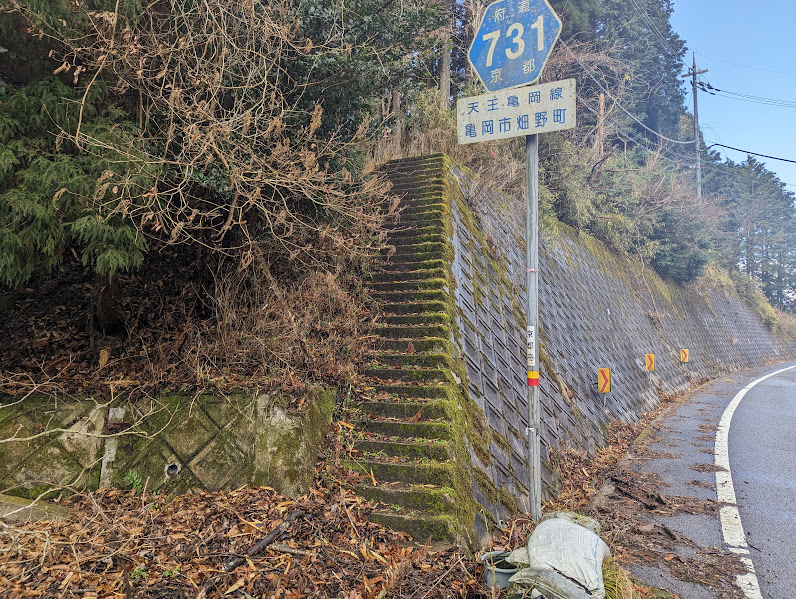 右の急階段から登山道が始まります。ステップが小さく、いきなり滑落しそうです。