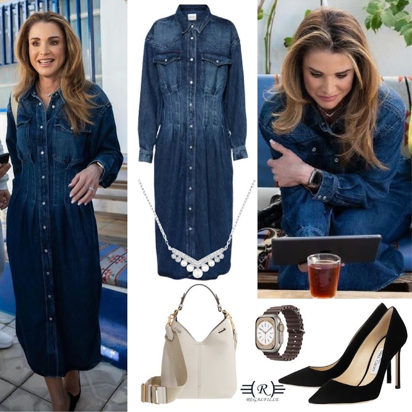 Queen Rania of Jordan wore Isabel Marant denim dress, Chaumet White gold, pearl and diamond necklace, Apple Ultra 2 watch, Anya Hindmarch Bag and Jimmy Choo pumps for a visit to Aqaba. More details on Regalfille