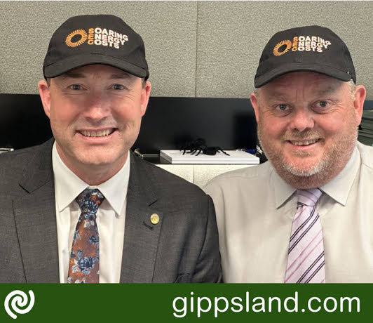 Gippsland East Nationals MP, Tim Bull, with fellow Nationals MP, Martin Cameron, in their Soaring Energy Cost caps at State Parliament