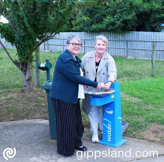 Baw Baw Shire Mayor Cr Annemarie McCabe and Gippsland Water Managing Director Sarah Cumming visit the new drinking fountain along the Two Towns Trail