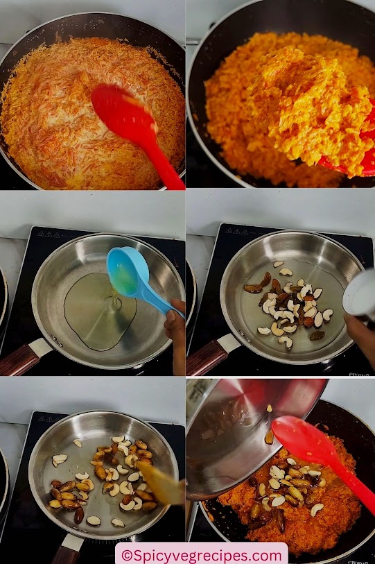 In a separate small pan, heat a tablespoon of ghee and roast the chopped nuts until they are golden. Add the nuts to the halwa and mix.