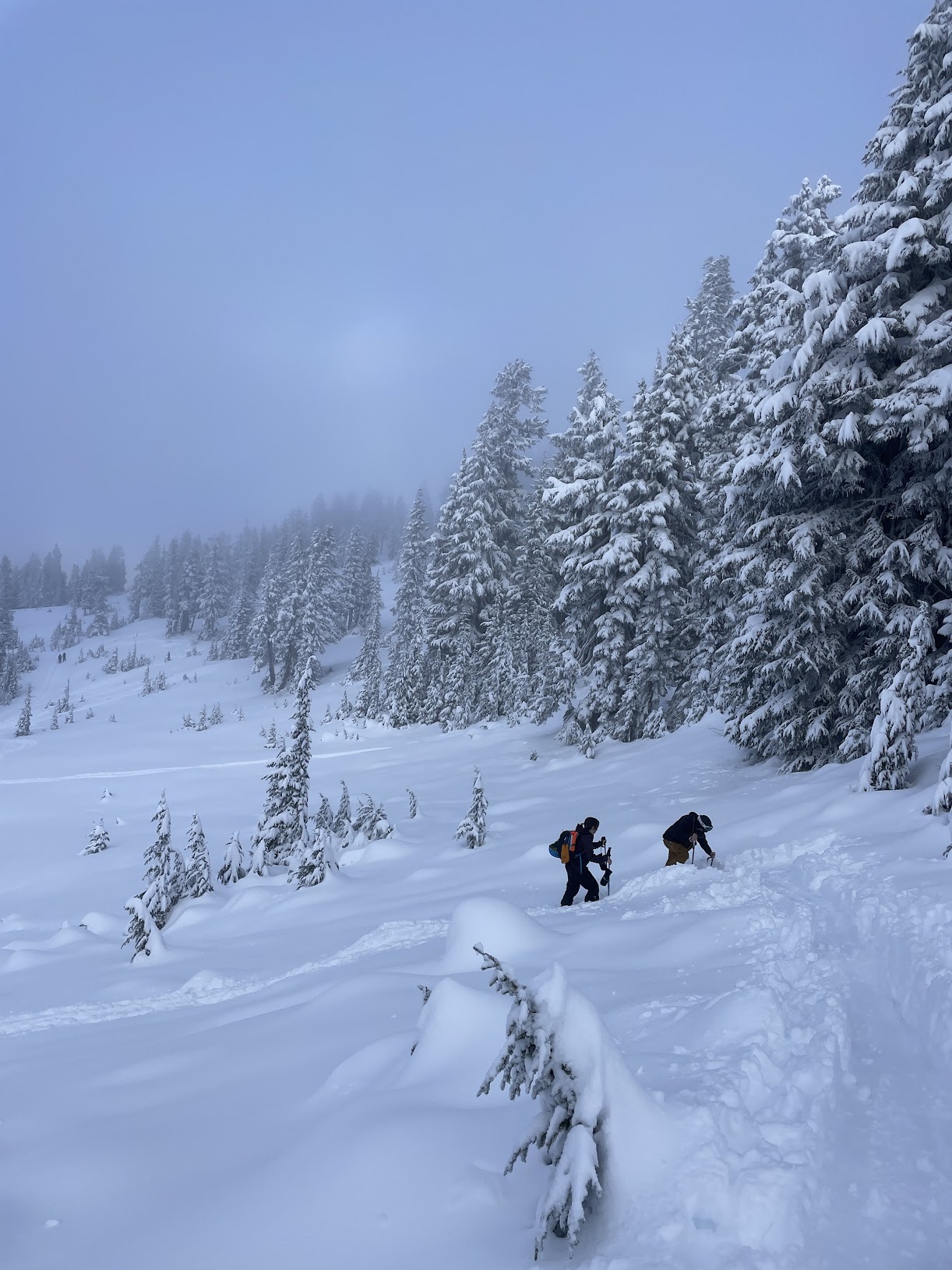 Skiers attempting to kick-turn at a switchback