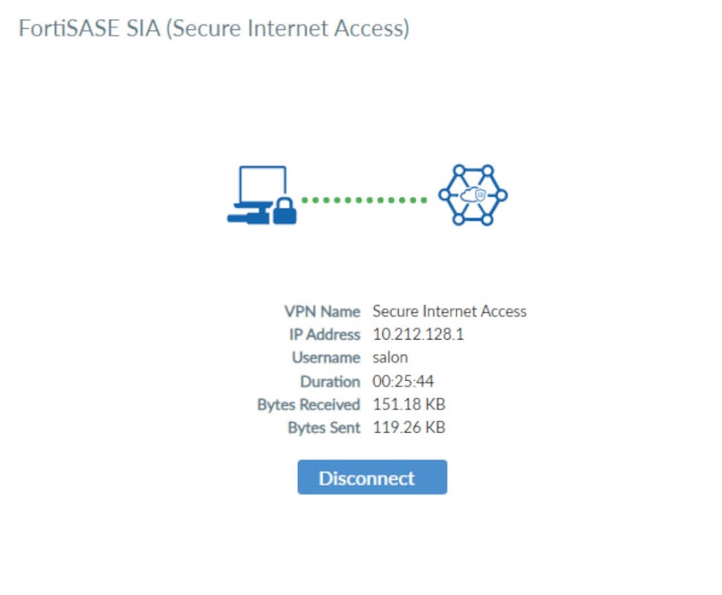 When 'Auto Connect to FortiSASE SIA & Force Always On VPN' is disabled, options to disconnect the VPN are visible.