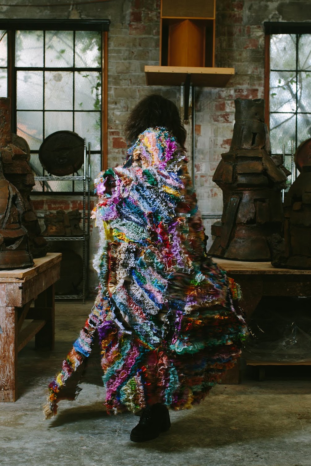 Gathered Cloths - 8th Iteration result modeled by Nik Evasco. Photo by Lisa Beth Anderson. | Fafafoom Studio