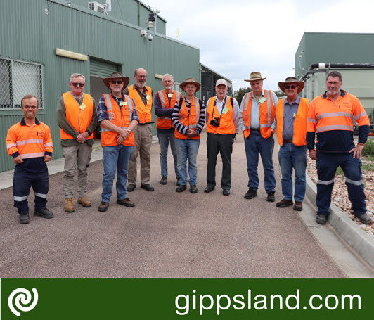 Luke Missen (EGW), Paynesville Men's Shed members David, Sandy, Geoff, Fred, John, Martin, Lindsay and Doug, Robert Saunders (EGW) at East Gippsland Water's Woodglen Water Storage and Treatment facility