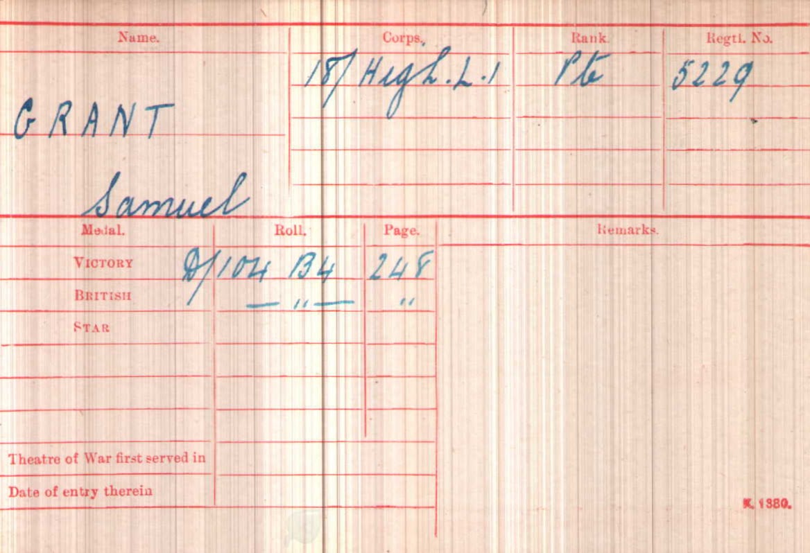 Samuel Grant Medal Index Card