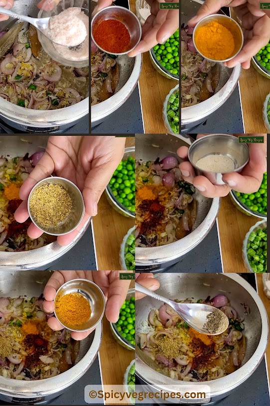 Add salt, turmeric, red chilli, coriander, asafoetida, mace powder, and pepper and Saute them over low flame for a minute.