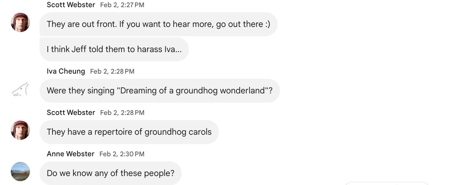 Housemates noting other Groundhog carols, wondering if we know these people.