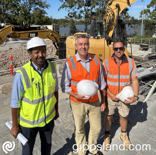 Federal Member for Gippsland Darren Chester with Wellington Shire employee Khalid Abuelhassan (left) and local builder Andrew Duffield (right)