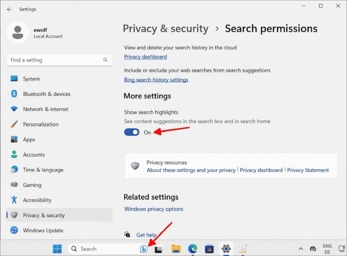 Go to Privacy and Security > Search Permissions > More Settings