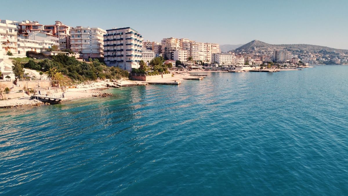 A drone picture along the shore in saranda, vlora, county, albania
