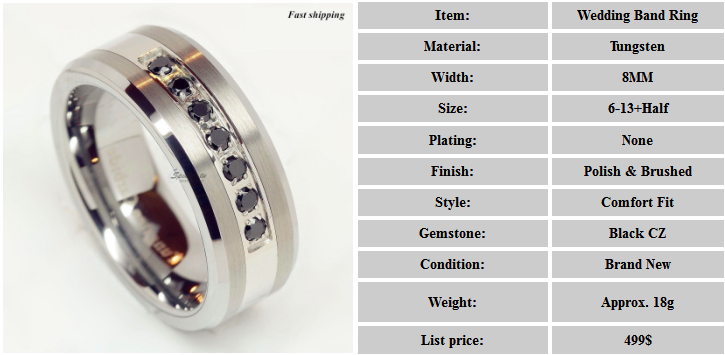 Luxury ATOP Tungsten Ring Black Diamonds Mens Wedding Band Brushed size ...