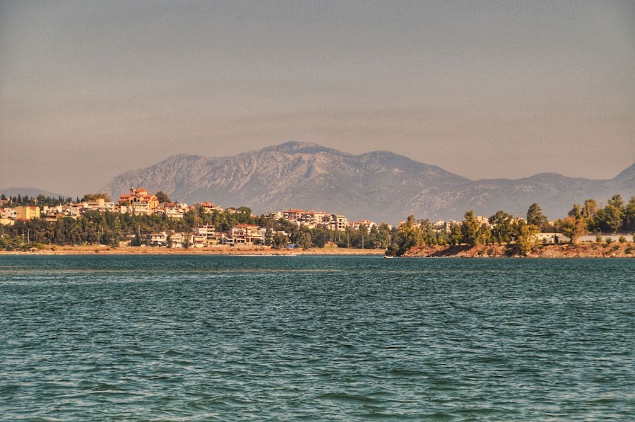 view of chalkida city and kandyli mountain from sea