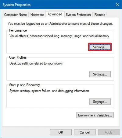 Click on the Settings button under the Performance section.