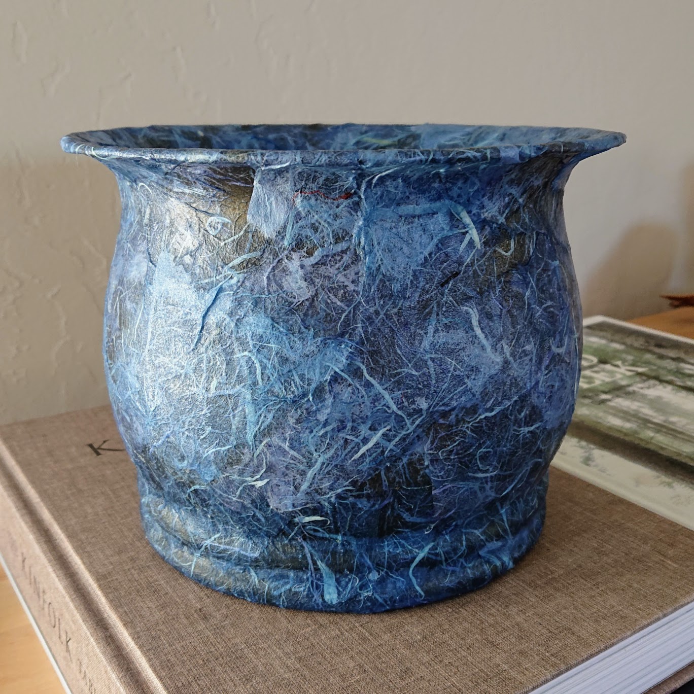 Finished metal planter with blue washi textures. | FAFAFOOM STUDIO