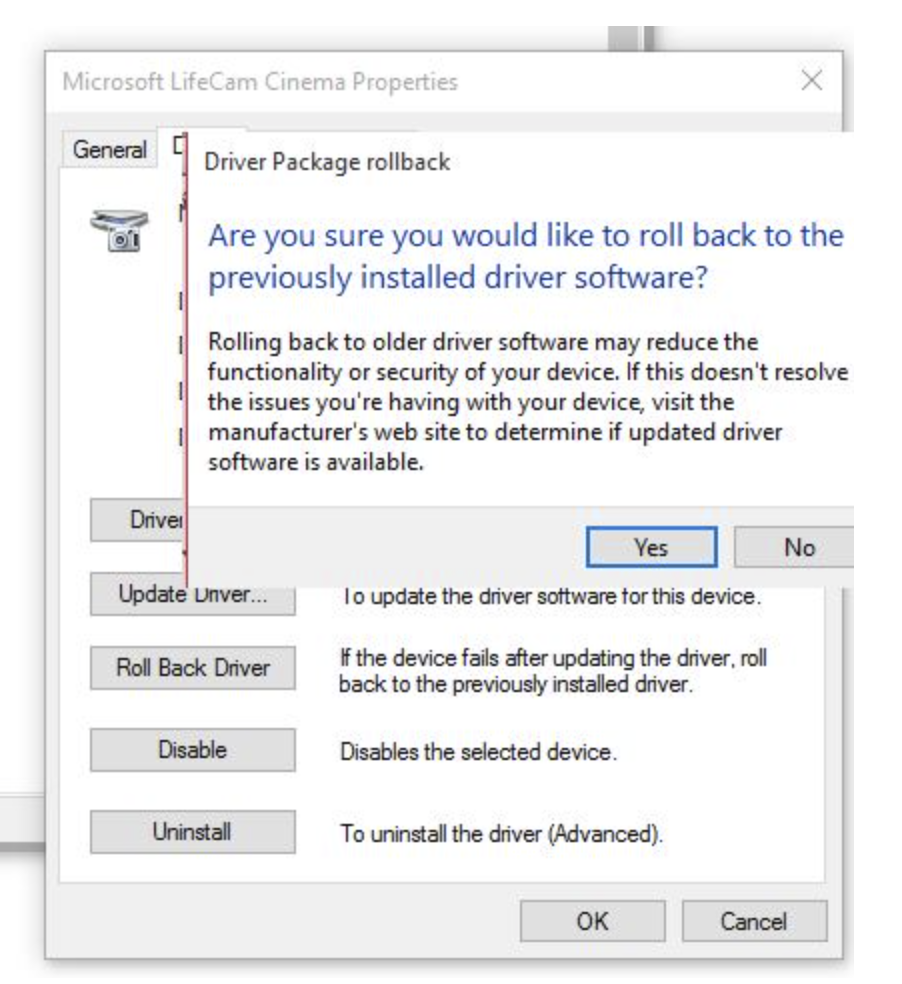 Roll back webcam driver