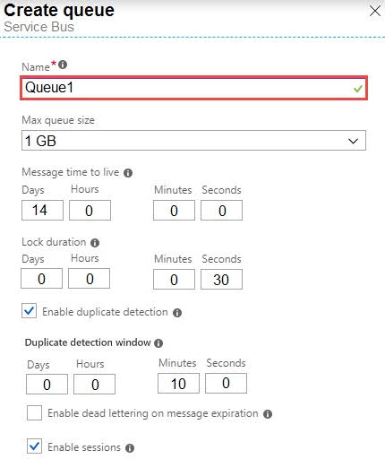 You create a Service Bus queue named Queue1 as shown in the exhibit.