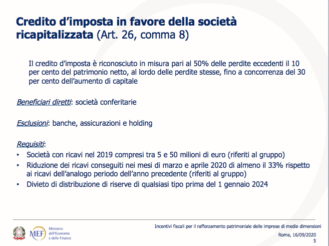 Presentazione del MEF sulle misure per la patrimonializzazione delle PMI