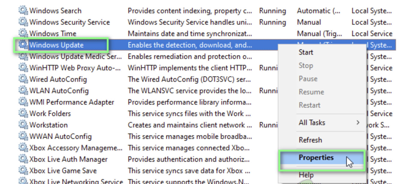 Right-click on Windows Update service and select Properties from the context menu.