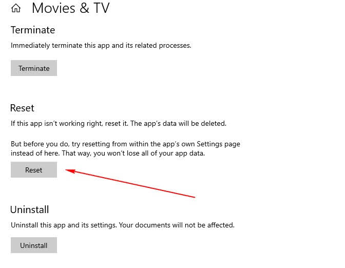 Reset for Movies & TV app