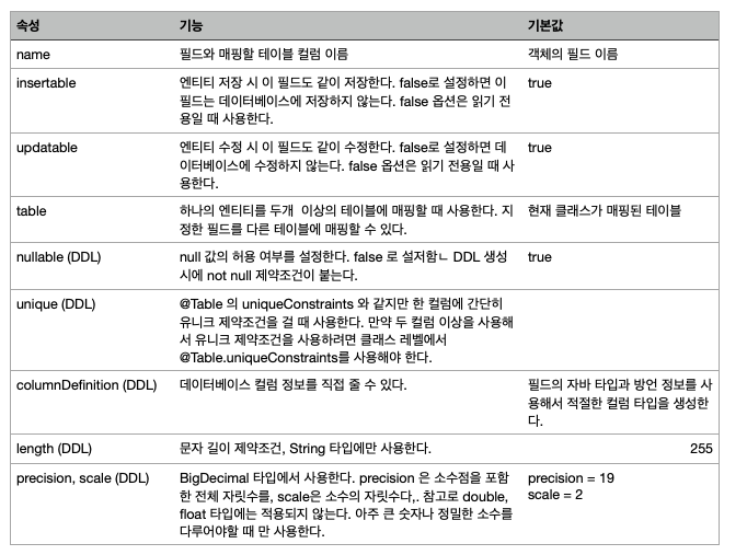 @Column 속성 정리