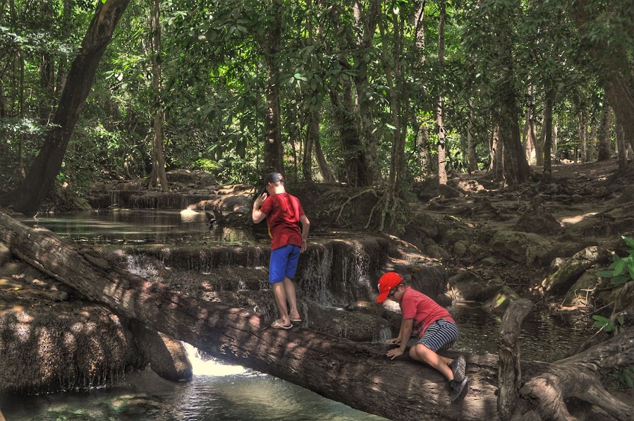 kids crossing tree bridge over waterfalls erawan national park