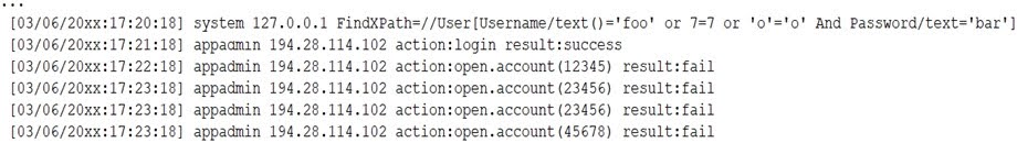 The security analyst then reviews the following application log