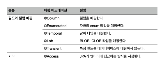 필드와 컬럼 매핑 분류