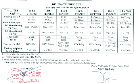 Lịch tuần từ ngày 31/08 --> 06/09