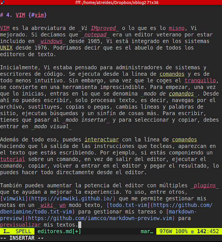 Pantallazo de mi editor VIM mientras escribía este post