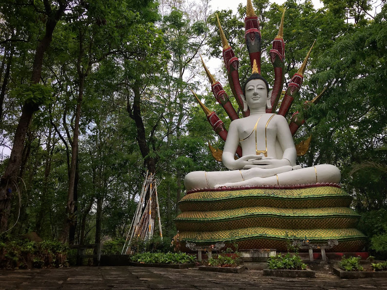 Wat Analayo Tiphayaram Temple white buddha statue with red snakes