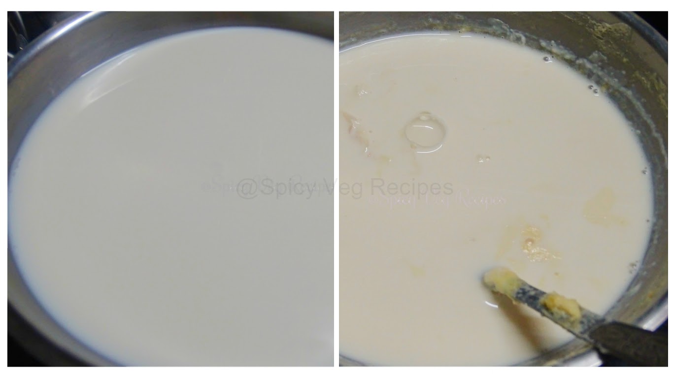 Boil the milk in a heavy-bottomed deep pan over medium heat till it reduces to half its original quantity while stirring constantly.