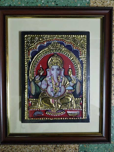 Handpainted Lord Ganesha  Tanjore Painting with Gold Plating for Decor