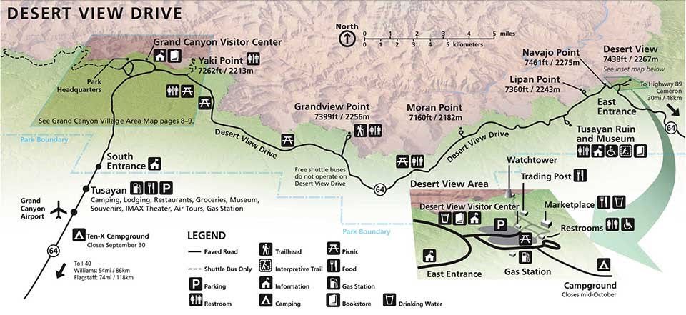 Desert View Drive Map from Grand Canyon Village on the left to Desert View on the right.