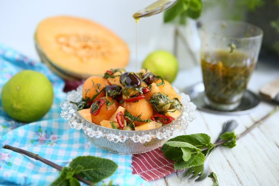 Cantaloupe Olive Salad with Mint Lime Dressing