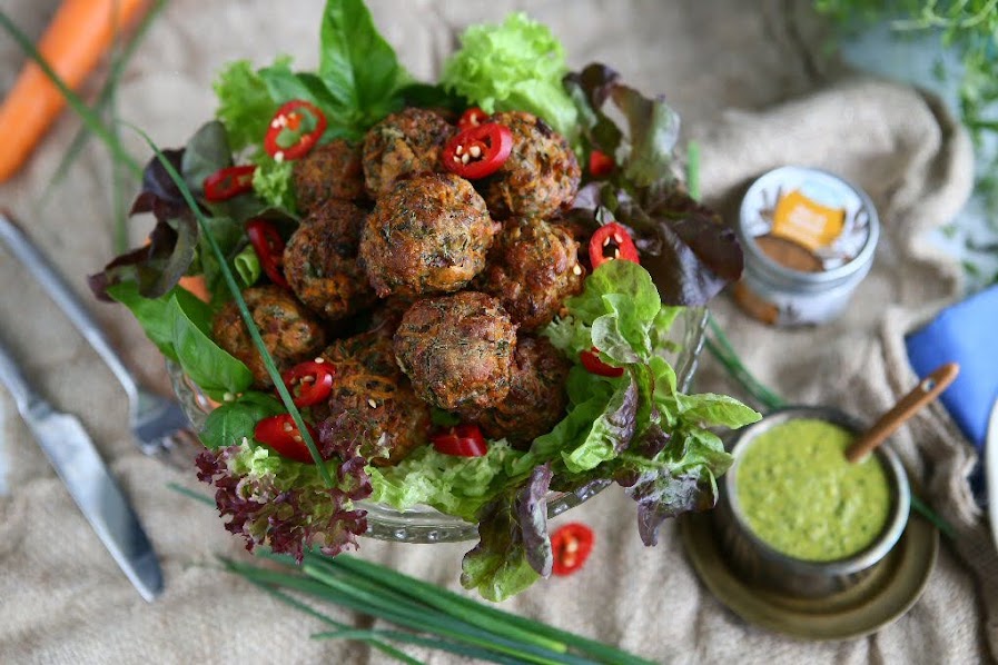 Baked Carrot Halloumi Balls with Ras el Hanout and Salsa Verde