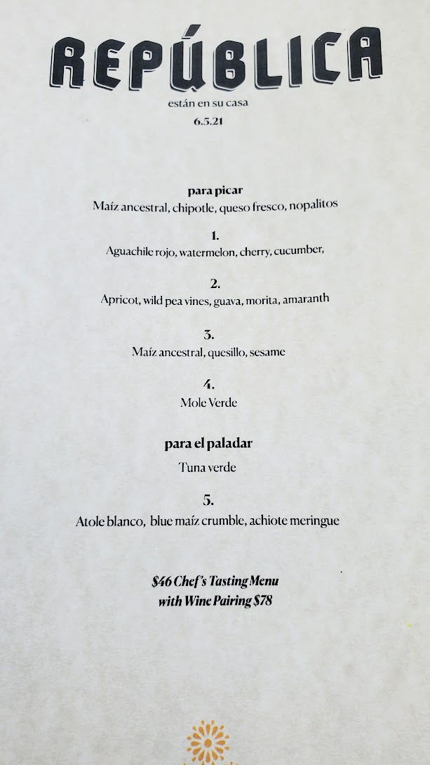 Republica Chef Tasting Menu for Fruit and Vegetable menu, June 5 2021