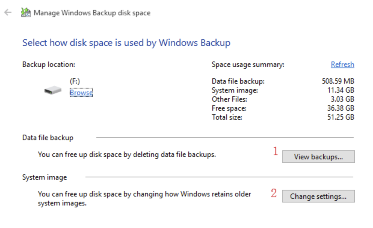 Click on View backups under Data file backup