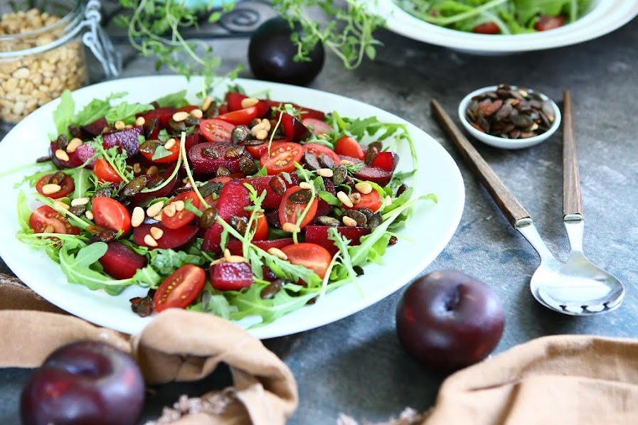 Plum Arugula Salad with Maple Curry Vinaigrette