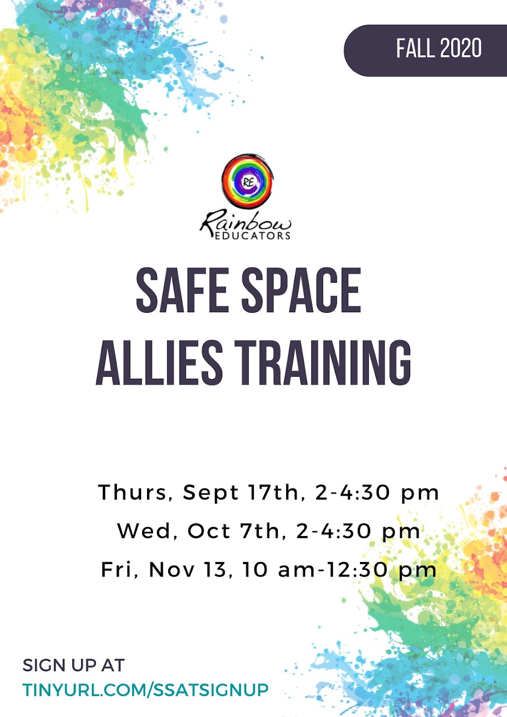 Safe Space Allies Training flyer, multiple dates