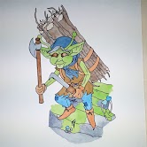 Watercolor illustration of a goblin carrying wood.